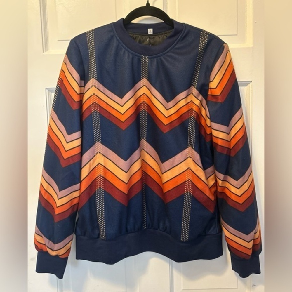 NWT Men’s Pullover Size XL Zigzag Orange Navy Yellow Shoulder Pads Cuffed